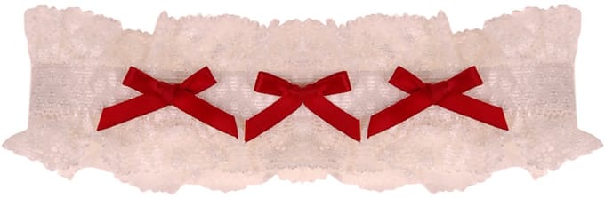 Kousenband Ivoorkleurig met Kant & Bordeauxrode Strikjes - 33cm Elastisch