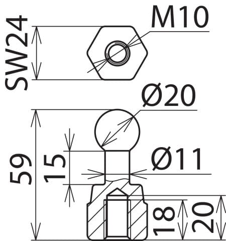 Dehn vaste kogelpunt recht M10 20mm binnendraad - 754205