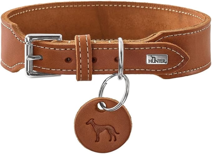 Halsband extra breed van zacht leer in cognac kleur - maat 65