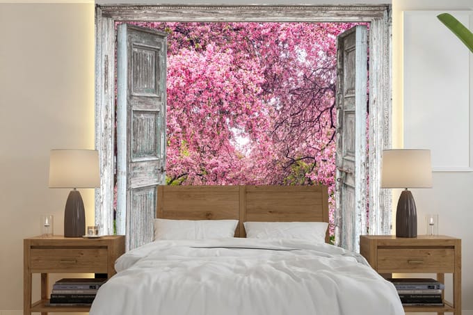Behang - Fotobehang Sakura - Doorkijk - Boom - Kersenbloesem - Breedte 280 cm x hoogte 280 cm