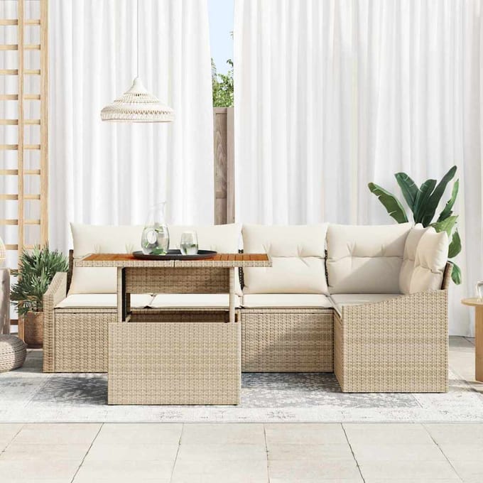 vidaXL - Tuin - Eettafel - Set - met - kussen - 6 - pcs - Beige - en - Crème