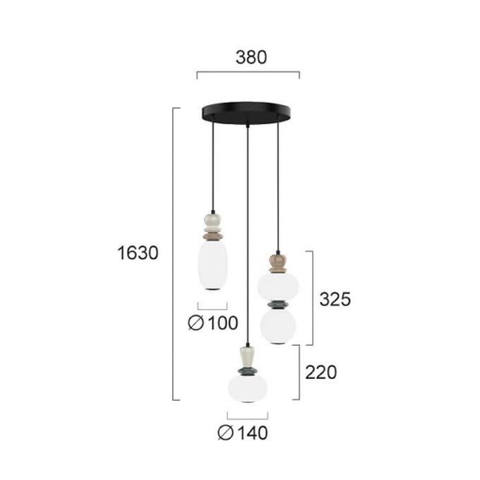Viokef LED hanglamp Gemma, Ø 38 cm, kleurrijk, glas/keramiek, 3-lamps.