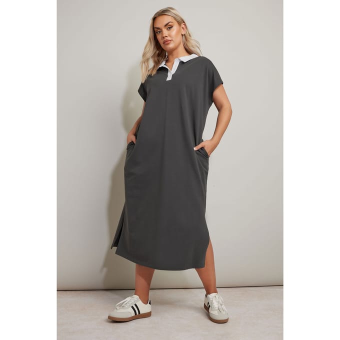 Yours Midaxijurk Van Katoen Met Open Kraag In Donkergrijs Size 46