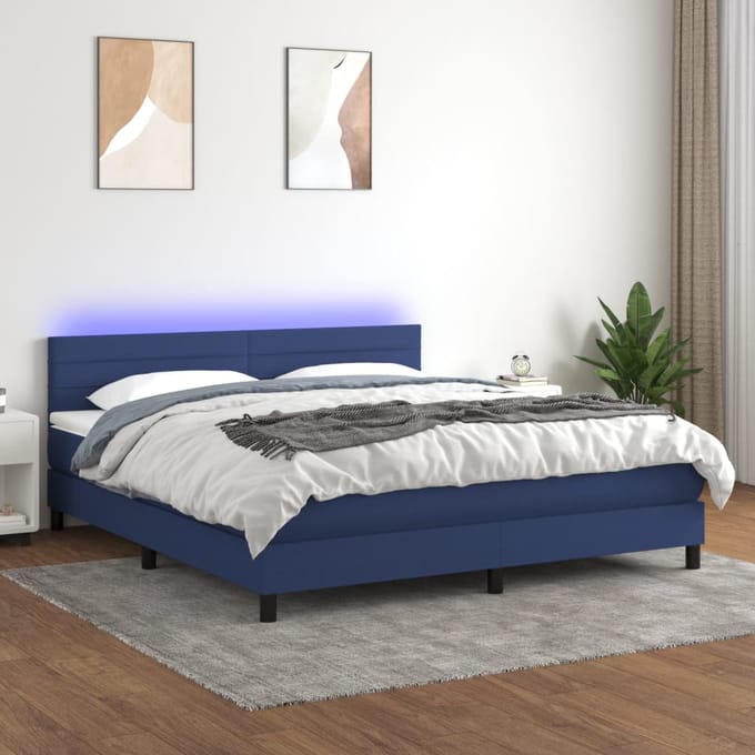 vidaXL - Boxspring - met - matras - en - LED - stof - blauw - 180x200 - cm
