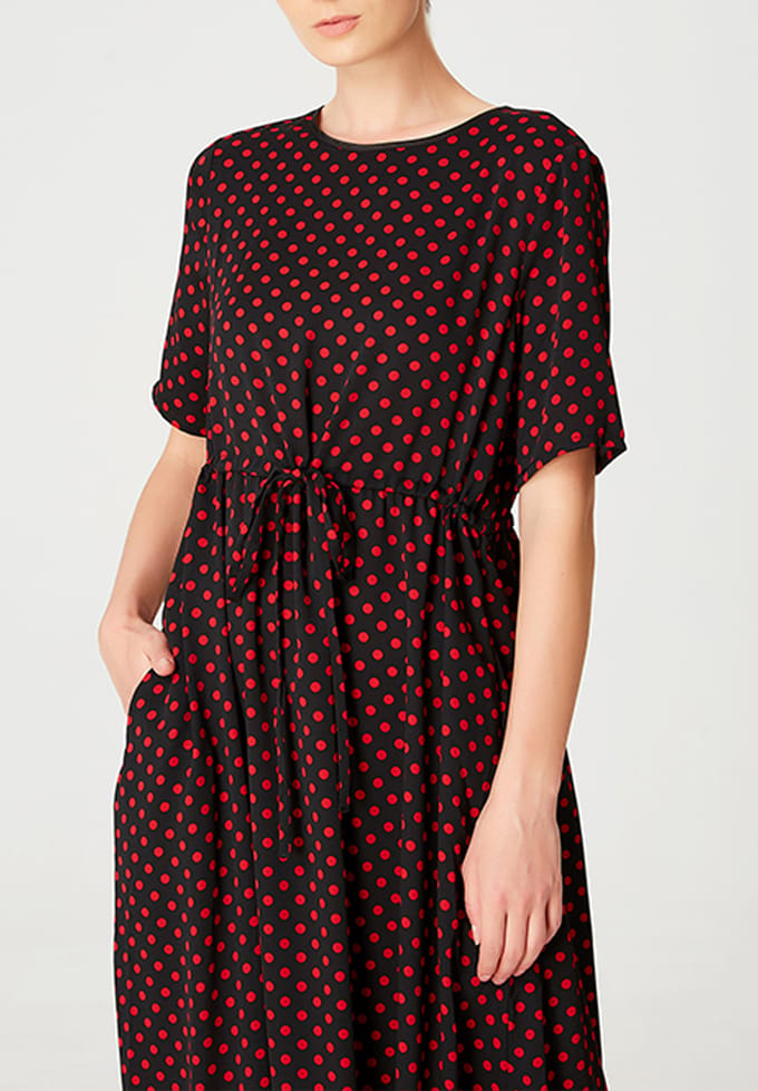 Midi tuniekjurk met trekkoordriem en polka dot print