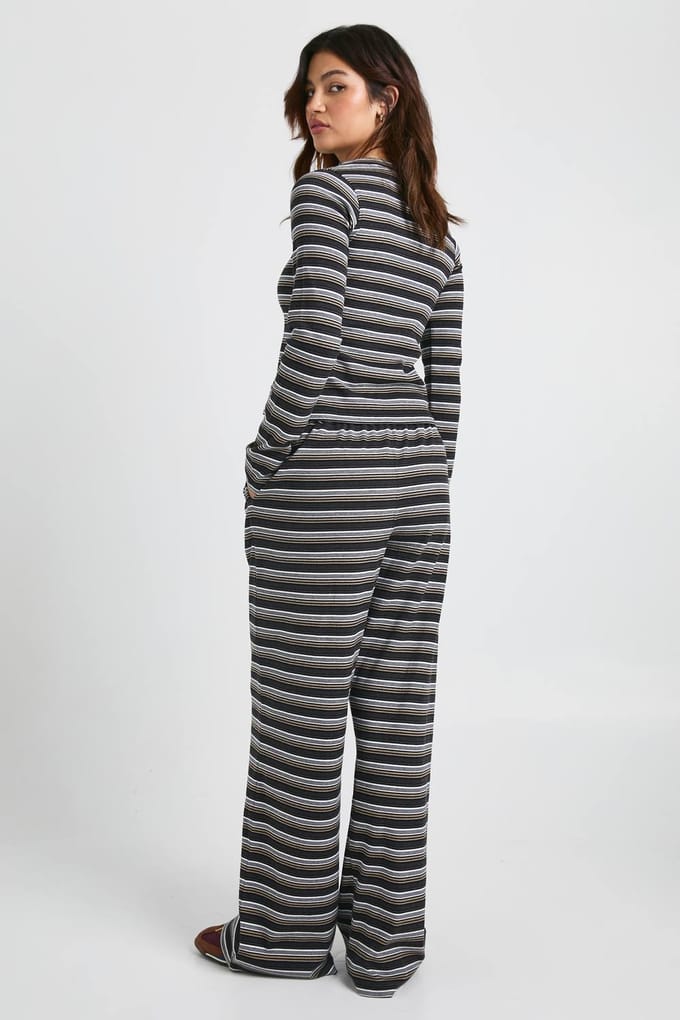boohoo Dames Gestreepte geribde trekkoord-broek | Zwart | Maat: 34