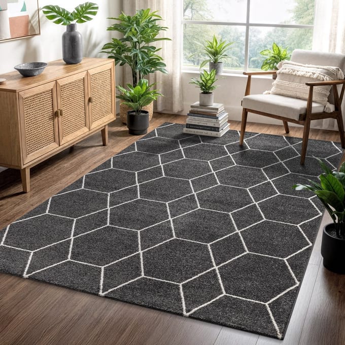 Muratap Trellis uni effen laagpolig vloerkleed modern donker 80x150 cm