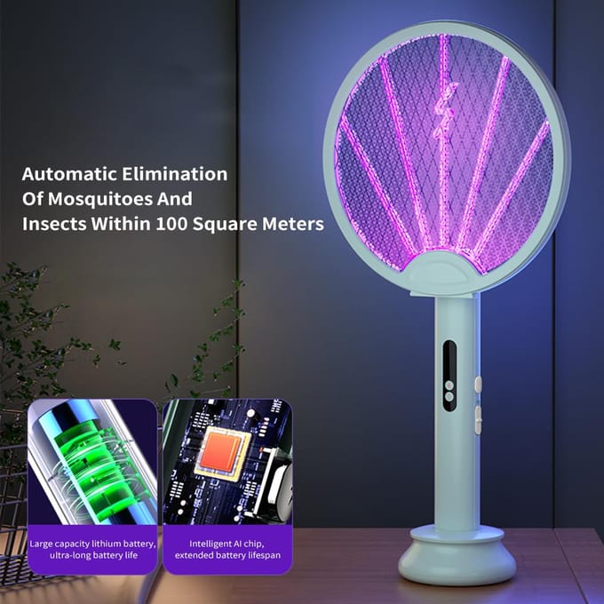 Elektrische Vliegenmepper Racket, 2-in-1 Intelligente Insectendoder met USB Oplaadbare Basis, Opvouwbare Insect groen