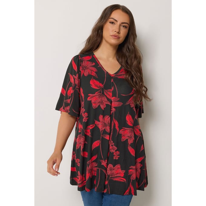 Yours Rode Geplooide Top Met Bloemenprint Aan De Voorkant Size 48