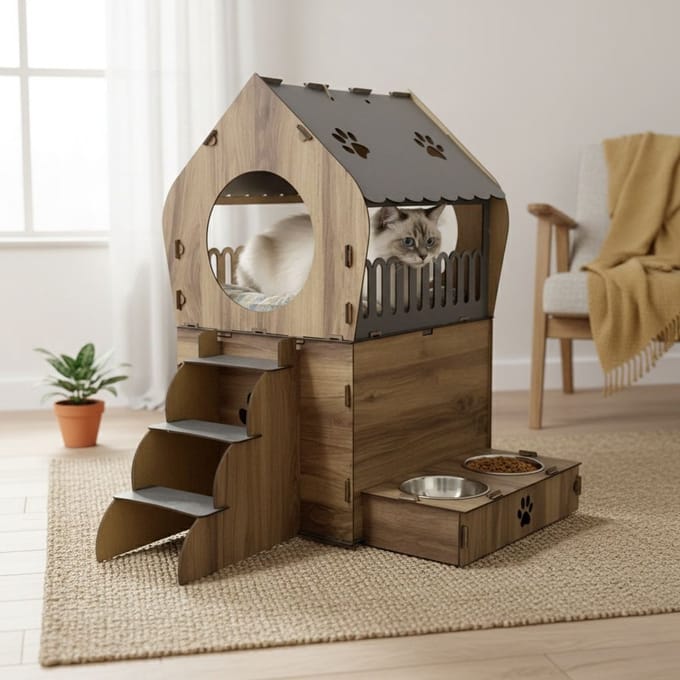 Asir - Kattenhuis - Antraciet, Eikenhout - 100% MDF (Dikte: 3 mm) - 45 x 45 x 6,5 cm