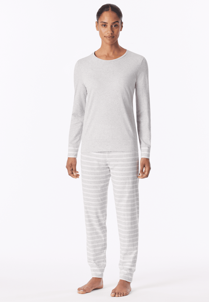 Schiesser dames casual essentials pyjamaset lang stripes grijs & wit