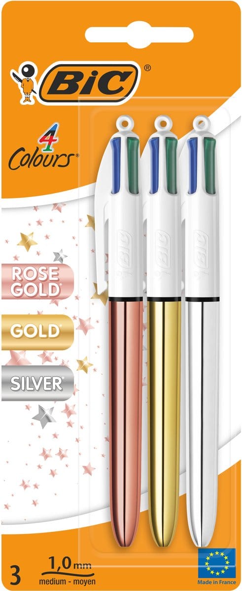 BIC 4 Kleuren Shine Balpen - Pen met 4 Kleuren - Medium Punt 1,0 mm - 3 Stuks