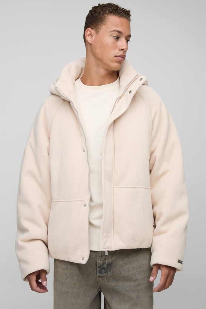 Hoge Gebreide Capuchon Oversized Boxy Puffer Jas | Ecru | Size Medium