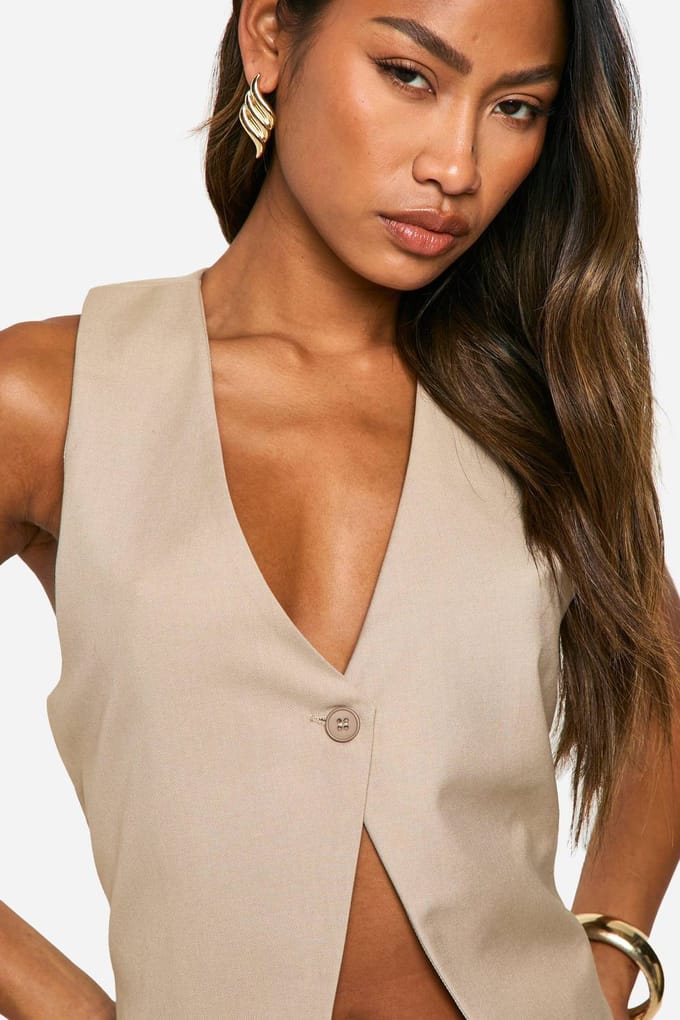 boohoo Dames Twist Back Detail One Button Waistcoat | Steen | Maat: 42