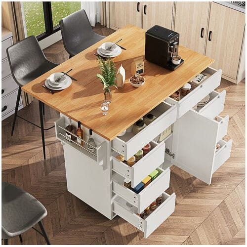 Merax Keukeneiland op wielen - 122 x 40 x 91,5 cm - uitschuifbare keukentrolley + 8 lades - MDF - wit