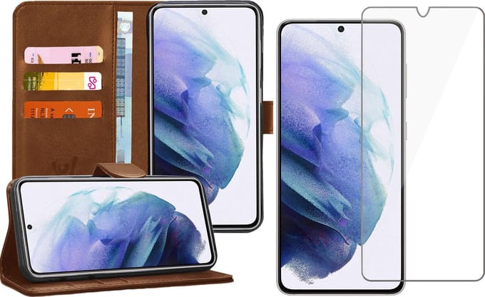 Hoesje geschikt voor Samsung Galaxy S21 Plus - Screen Protector GlassGuard - Book Case Kunstleer Pasjeshouder Bruin & Screenprotector