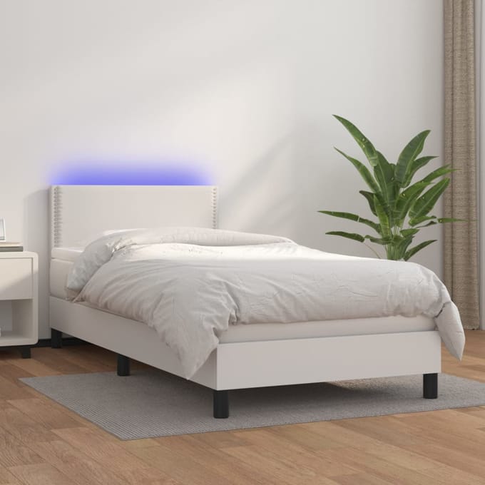 vidaXL - Boxspring - met - matras - en - LED - kunstleer - wit - 100x200 - cm