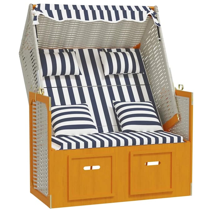 vidaXL - Strandstoel - met - kussens - poly - rattan - en - hout - wit - en - blauw