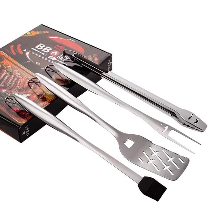 Ensemble d'accessoires de barbecue robustes - Cadeaux pour barbecue - Ensemble d'outils de barbecue 4 pièces avec spatule, fourchette, brosse et pinces à barbecue gray