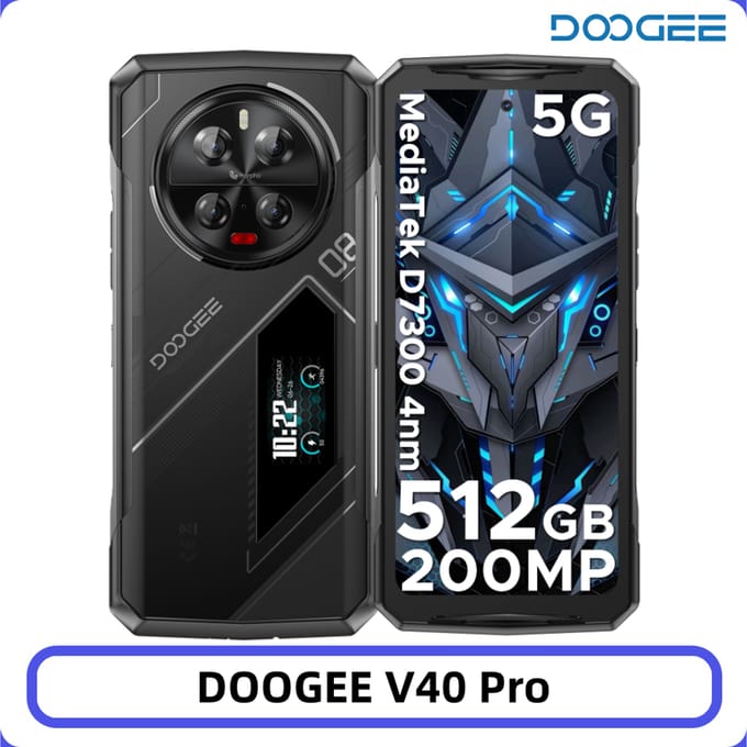 Robuste DOOGEE V40 Pro 5G telefoon met IA 200MP camera, 36 Go RAM, game-opslag, Dimensity processor, 8680 batterij.