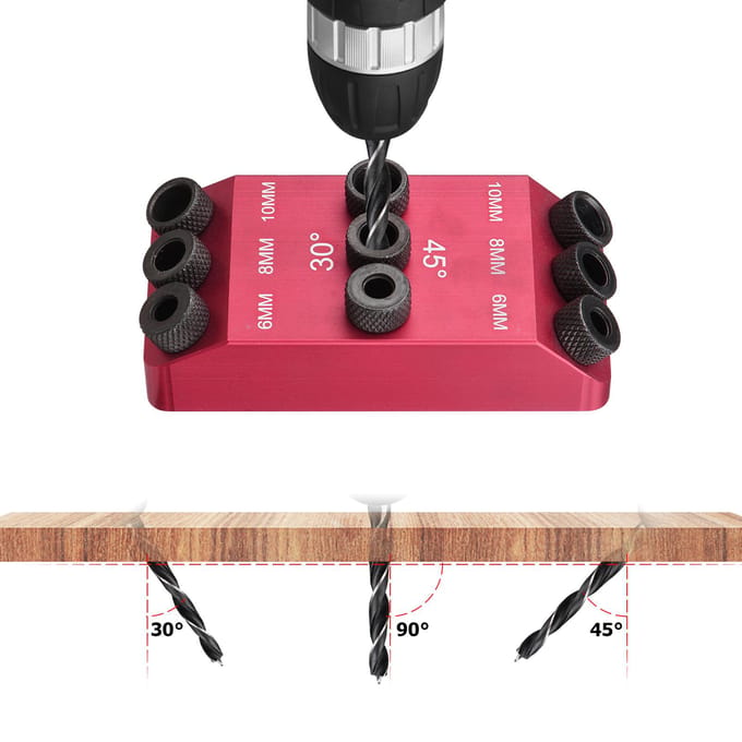 3 stuks Boorbit 6mm 8mm 10mm Boor + 30 45 90 Graden Geleide Jig Boorgeleider Pocket Hole Jig Houtbewerkingsgeleiders Multi-Hoek Positioneerder voor Houtbewerking Drill Bits & Guide Jig