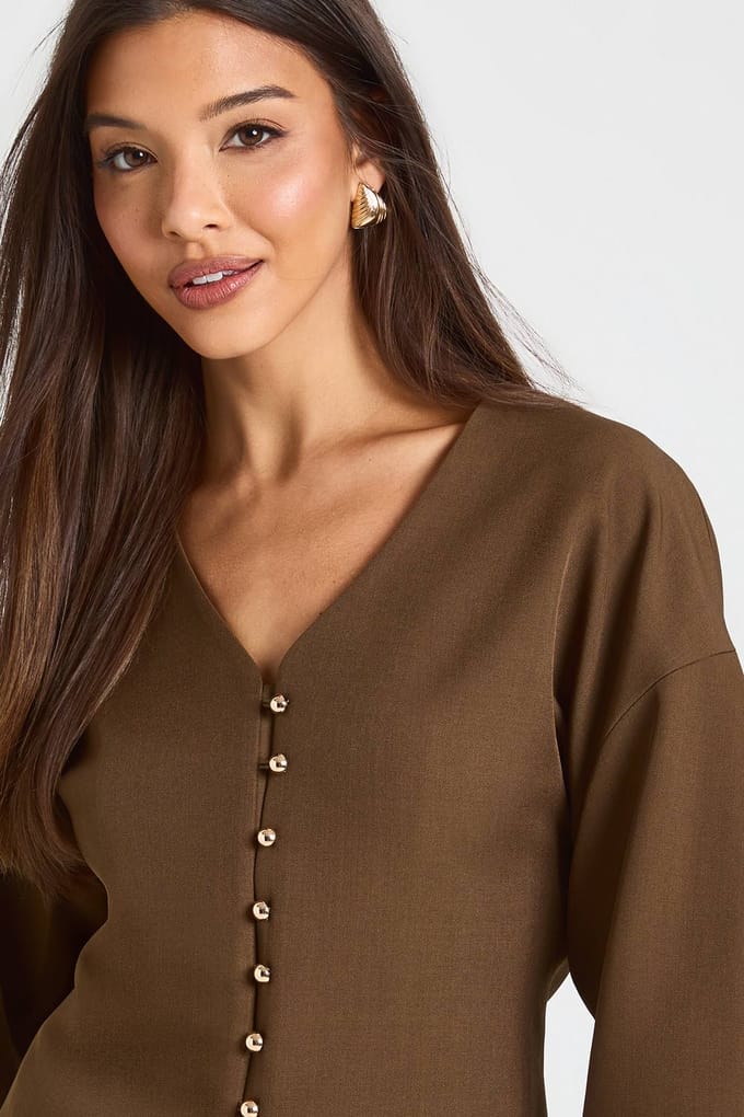 boohoo Dames Gouden Knoop Barrel Mouw blazer | Chocolate | Maat: 6