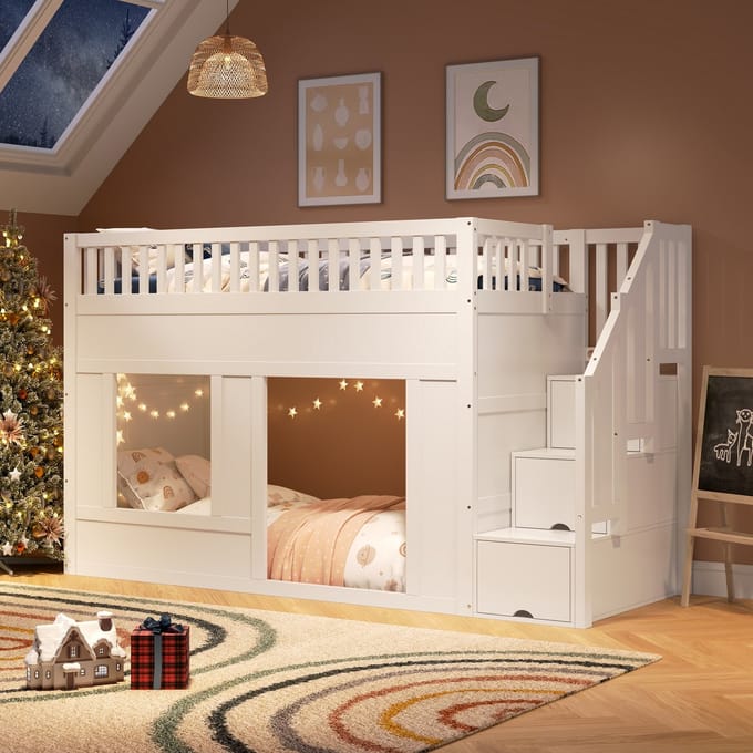 Kinderbed - 90x200 cm - Hoogslaper Met Opbergtrap En Speelruimte Onder - Hout - Wit