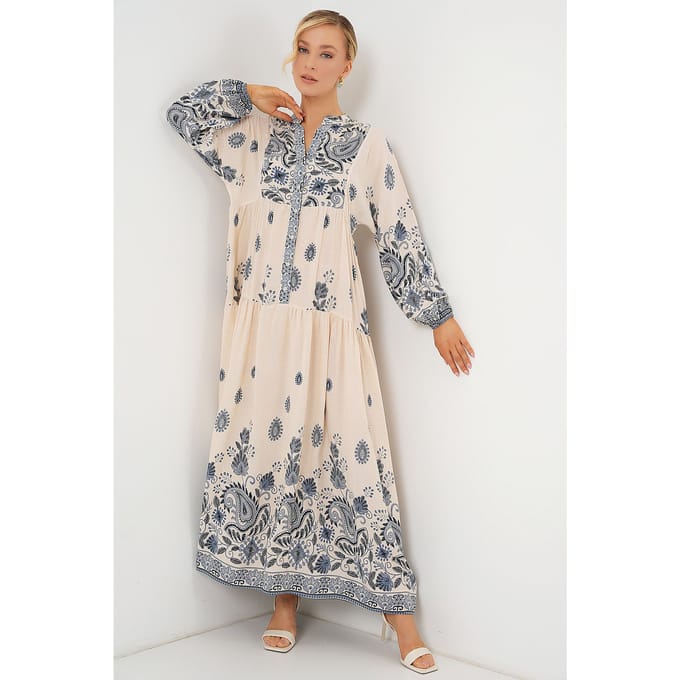 Gestreepte V-hals Maxi-jurk met Knopsluiting