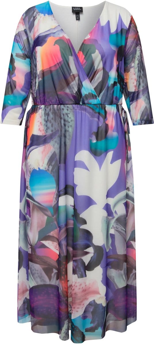 Ulla Popken - Dames - Mesh jurk bloemen wikkellook V-hals 3/4-mouwen - Off-white - Maat 46+