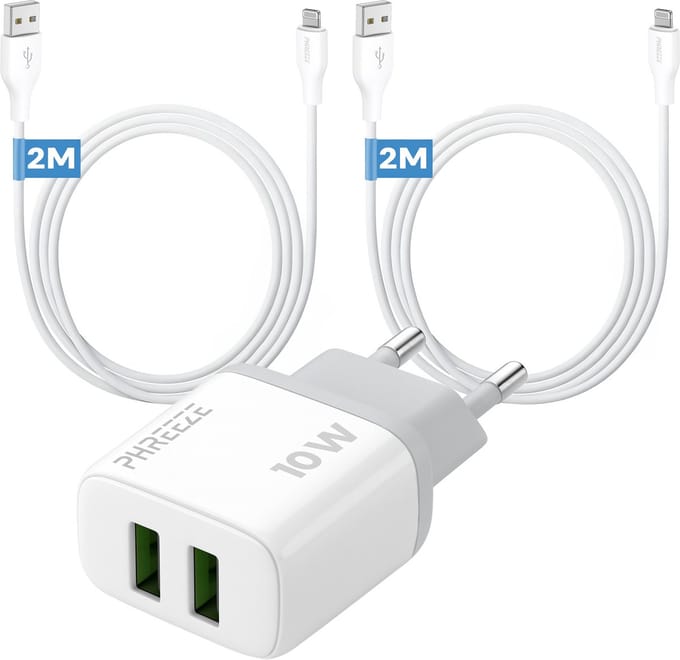 Phreeze usb adapter 12 W - Geschikt voor iPhone en iPad met Lightning kabel 2m - Dual usb poorten - 2 kabels inbegrepen