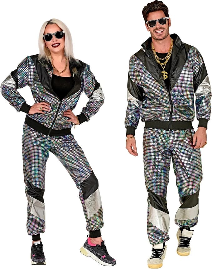 Trainingspak disco jaren 80 zilver reflecterend