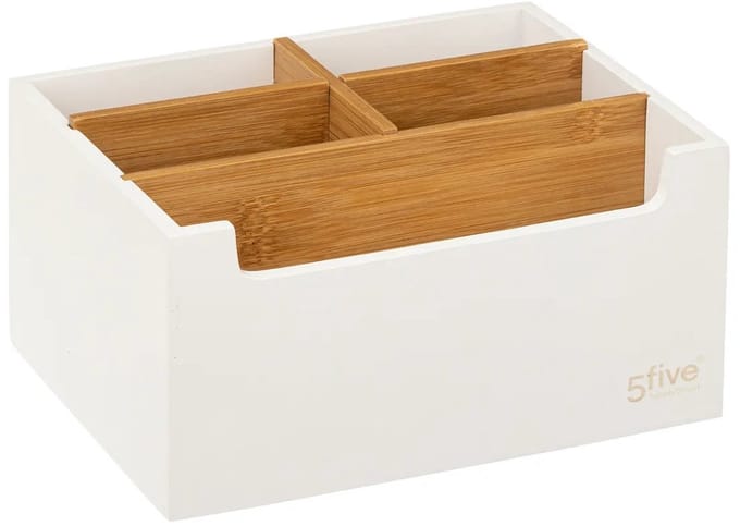5Five Make-up badkamer sorteer organizer - 5 vaks compartimenten bakje - wit - 18 x 14 x 9 cm - bamboe - pennenbak
