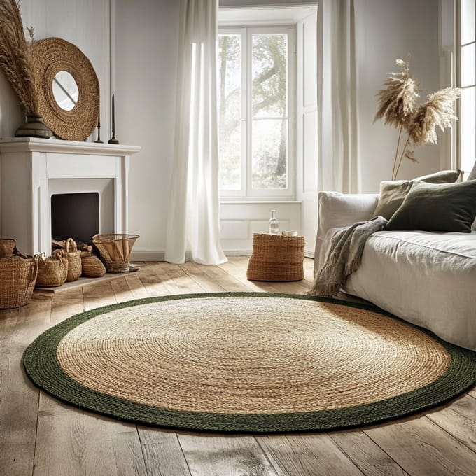 Rond jute vloerkleed naturel/Groen met rand 240cm Mrcarpet