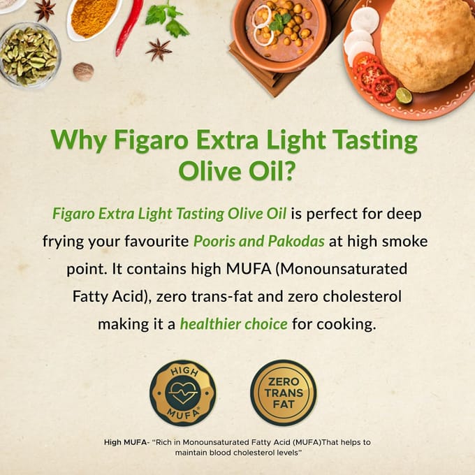 Huile d'Olive Goût Extra Léger Figaro 500 ml Pack de 1 – Parfaite pour la Cuisine Indienne et la Friture yellow