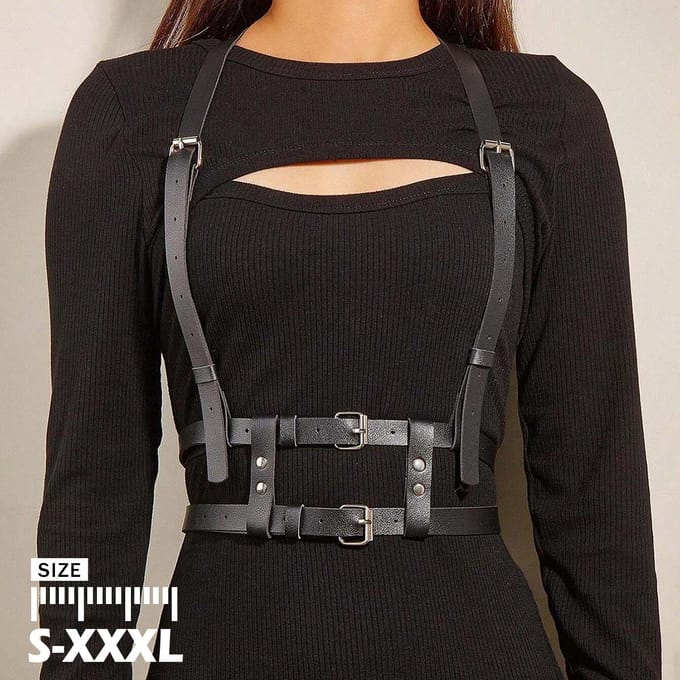 Ceinture Grande Taille Femme, Harnais de Poitrine Punk en Cuir PU, Harnais Corporel Mode, Accessoire Gothique pour Fête Harnais Ceinture. One Size black