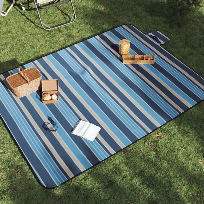 vidaXL - Picknickkleed - opvouwbaar - gestreept - 200x150 - cm - fluweel - blauw - wit