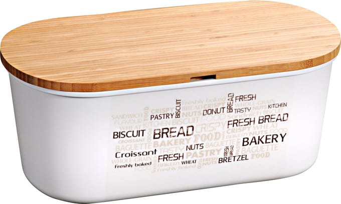 Kesper broodtrommel met bamboe snijplank deksel - 18 x 34 x 14 cm - wit - Kunststof/hout