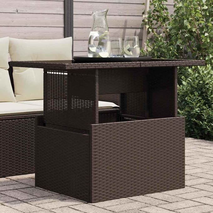 vidaXL - Tuintafel - met - glazen - blad - 100x55x73 - cm - poly - rattan - bruin