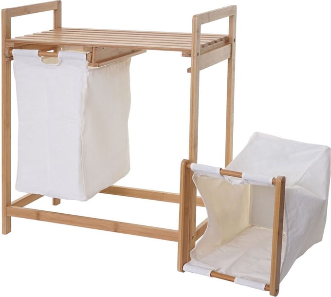Wasmand MCW-B83, wassorteerder Wasmand, bamboe 2 compartimenten 74x64x33cm 70l ~ wit