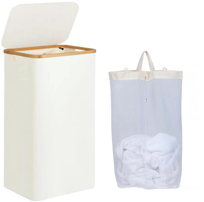 Jently wasmand - wasmand met deksel - afneembare/wasbare binnenzak - 100L - beige