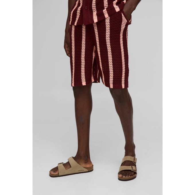 Relaxte pasvorm lange snit open steek gestreepte gebreide shorts | Burgundy | Size Medium