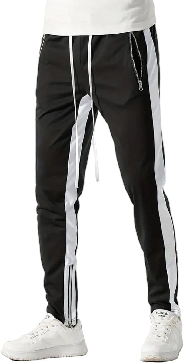 Casual Heren Trainingsbroek - Aansluitend - Slim Fit - Rits - Zwart - Wit