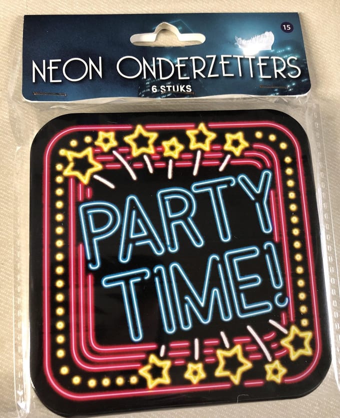 Neon glas onderzetters - Party time - 6 stuks