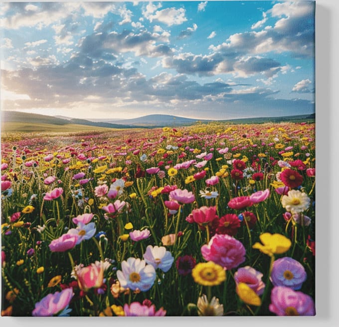 Canvas Schilderij - Bloemenveld - Vierkant - Bloemen - 100x100x2 cm