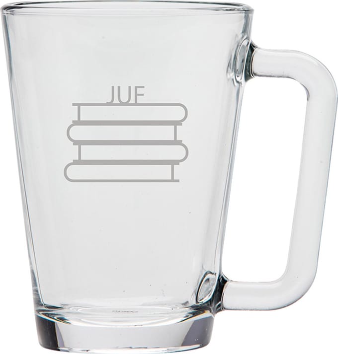 Gegraveerde theeglas 26cl Juf met boeken