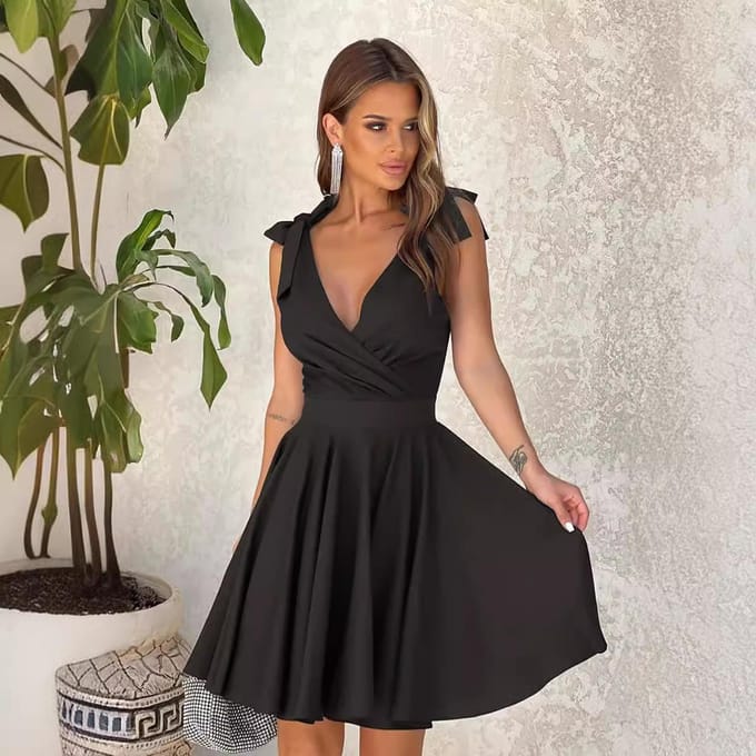 Dames Zomer Effen Kleur V-Hals Hoge Taille Jurk S gray