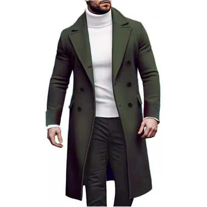 Nieuwe Wollen Lange Jas Heren Dubbelrijige Jas 2XL legergroene kleur