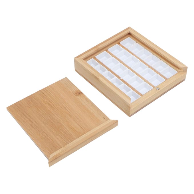 Waterverf Paletbak 24 Compartimenten Bamboe Hout Waterverf Mengbak met Deksel voor Reizen beige