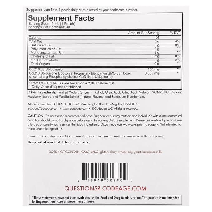Codeage, Wonder Heart, CoQ10 Liposomal, Saveur Framboise, 30 sachets, 10 ml (0,3 fl oz) chaque