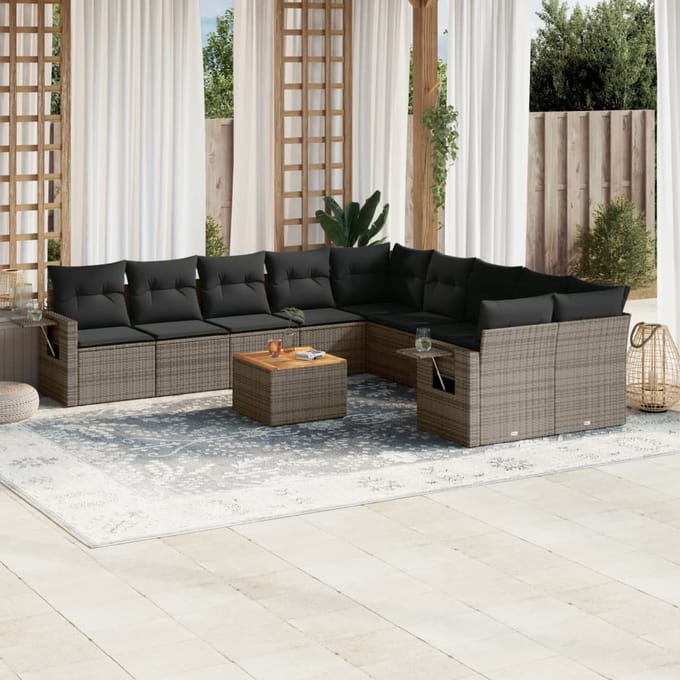 vidaXL - 11-delige - Loungeset - met - kussens - poly - rattan - grijs